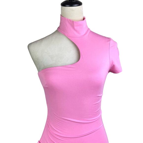 I.AM.GIA. NWT Pink Bamboo One Shoulder Cut Out Ruched Bodycon Mini Dress - Picture 2 of 8